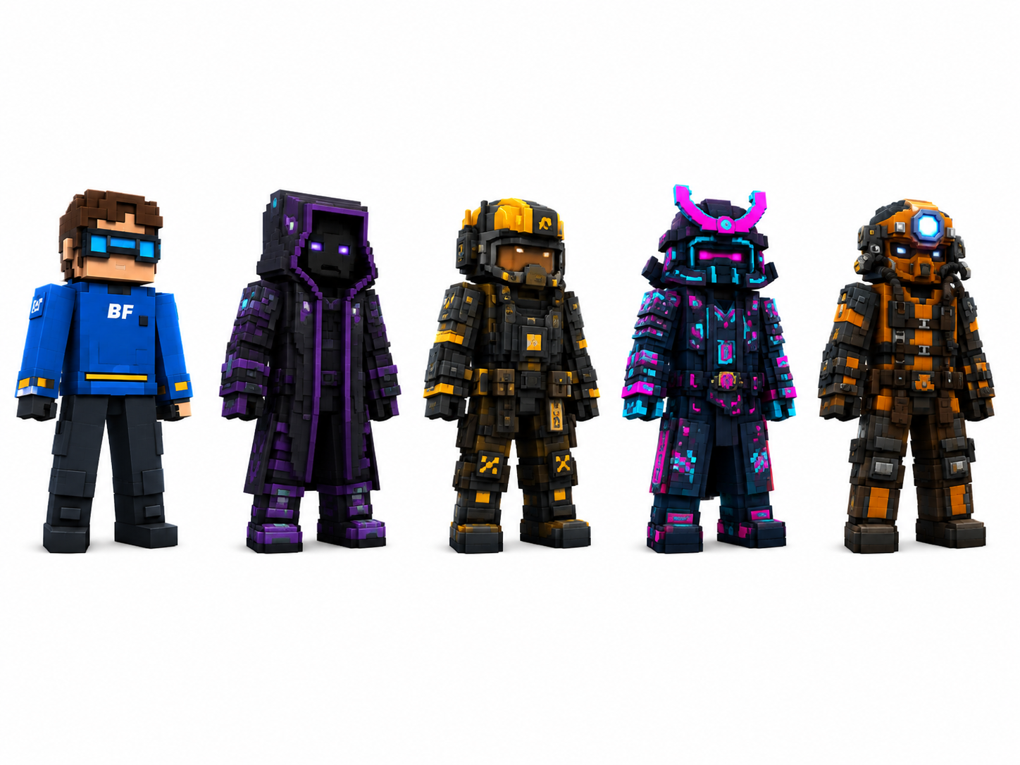 Fünf Voxel-Operator-Entwürfe mit blauen, violetten, goldenen und neonfarbenen Outfits